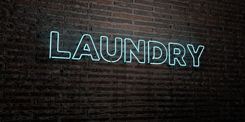 LAUNDRY -Realistic Neon Sign on Brick Wall background - 3D rendered royalty free stock image. Can be used for online banner ads and direct mailers..