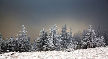 amazing winter sunrise through fog in the mountains