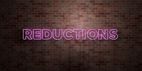 REDUCTIONS - fluorescent Neon tube Sign on brickwork - Front view - 3D rendered royalty free stock picture. Can be used for online banner ads and direct mailers..