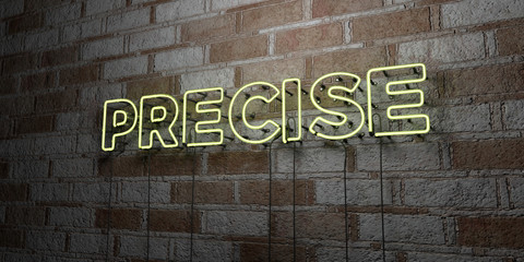 PRECISE - Glowing Neon Sign on stonework wall - 3D rendered royalty free stock illustration.  Can be used for online banner ads and direct mailers..