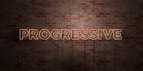 PROGRESSIVE - fluorescent Neon tube Sign on brickwork - Front view - 3D rendered royalty free stock picture. Can be used for online banner ads and direct mailers..