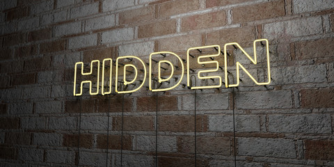 Fototapeta na wymiar HIDDEN - Glowing Neon Sign on stonework wall - 3D rendered royalty free stock illustration. Can be used for online banner ads and direct mailers..
