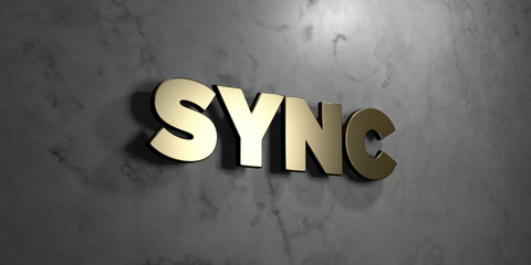 Sync - Gold sign mounted on glossy marble wall  - 3D rendered royalty free stock illustration. This image can be used for an online website banner ad or a print postcard.