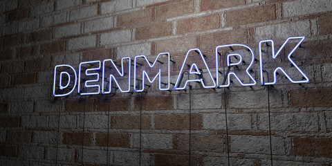 DENMARK - Glowing Neon Sign on stonework wall - 3D rendered royalty free stock illustration.  Can be used for online banner ads and direct mailers..