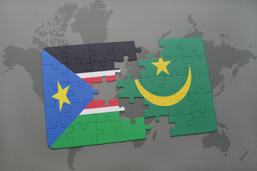 puzzle with the national flag of south sudan and mauritania on a world map