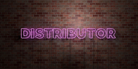 DISTRIBUTOR - fluorescent Neon tube Sign on brickwork - Front view - 3D rendered royalty free stock picture. Can be used for online banner ads and direct mailers.. - obrazy, fototapety, plakaty