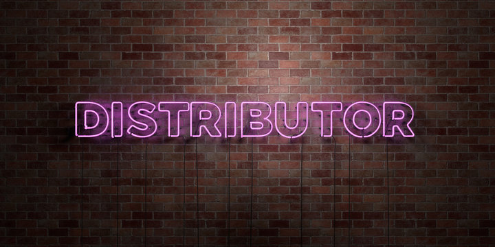 DISTRIBUTOR - fluorescent Neon tube Sign on brickwork - Front view - 3D rendered royalty free stock picture. Can be used for online banner ads and direct mailers..