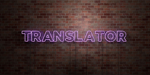 TRANSLATOR - fluorescent Neon tube Sign on brickwork - Front view - 3D rendered royalty free stock picture. Can be used for online banner ads and direct mailers..