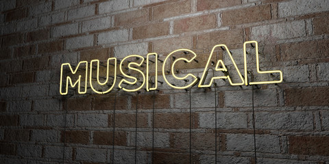 MUSICAL - Glowing Neon Sign on stonework wall - 3D rendered royalty free stock illustration.  Can be used for online banner ads and direct mailers..