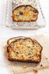 Fresh baked fruitcake on boards