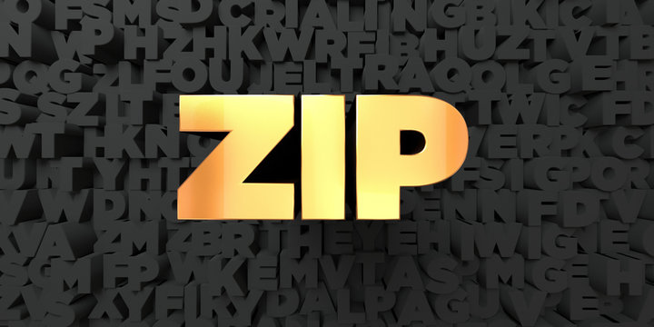 Zip - Gold text on black background - 3D rendered royalty free stock picture. This image can be used for an online website banner ad or a print postcard.