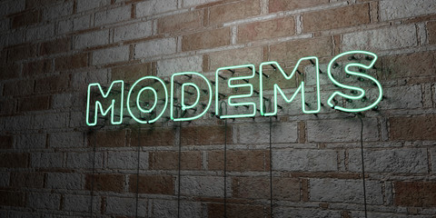 MODEMS - Glowing Neon Sign on stonework wall - 3D rendered royalty free stock illustration.  Can be used for online banner ads and direct mailers..