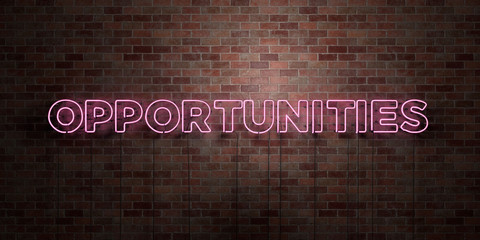 OPPORTUNITIES - fluorescent Neon tube Sign on brickwork - Front view - 3D rendered royalty free stock picture. Can be used for online banner ads and direct mailers..