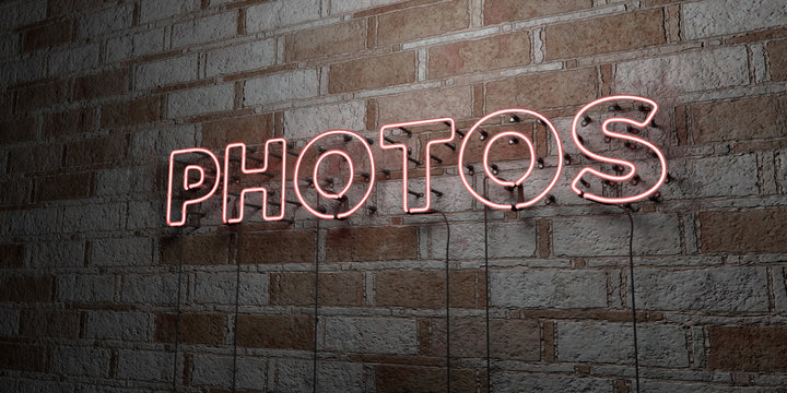 PHOTOS - Glowing Neon Sign on stonework wall - 3D rendered royalty free stock illustration.  Can be used for online banner ads and direct mailers..