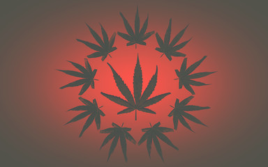 Marijuana 3d illustration. Big leaf in a circle of small leaves. On  gray background with  slight vignette. The negative effect  the red