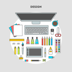 Flat design vector illustration of modern creative office workspace, workplace of a designer. The office of a creative worker. Flat minimalist style with contour for Web