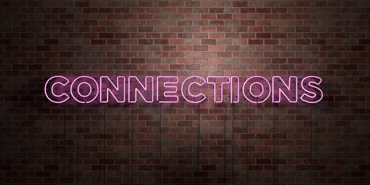 CONNECTIONS - fluorescent Neon tube Sign on brickwork - Front view - 3D rendered royalty free stock picture. Can be used for online banner ads and direct mailers..