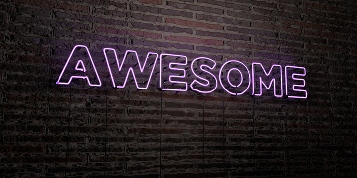 AWESOME -Realistic Neon Sign on Brick Wall background - 3D rendered royalty free stock image. Can be used for online banner ads and direct mailers..