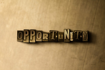 OPPORTUNITY - close-up of grungy vintage typeset word on metal backdrop. Royalty free stock illustration.  Can be used for online banner ads and direct mail.