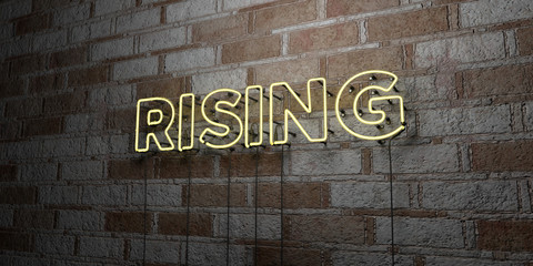 RISING - Glowing Neon Sign on stonework wall - 3D rendered royalty free stock illustration.  Can be used for online banner ads and direct mailers..