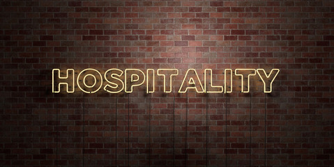 HOSPITALITY - fluorescent Neon tube Sign on brickwork - Front view - 3D rendered royalty free stock picture. Can be used for online banner ads and direct mailers.. - obrazy, fototapety, plakaty