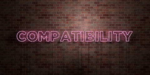 COMPATIBILITY - fluorescent Neon tube Sign on brickwork - Front view - 3D rendered royalty free stock picture. Can be used for online banner ads and direct mailers..