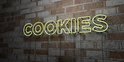 COOKIES - Glowing Neon Sign on stonework wall - 3D rendered royalty free stock illustration.  Can be used for online banner ads and direct mailers..