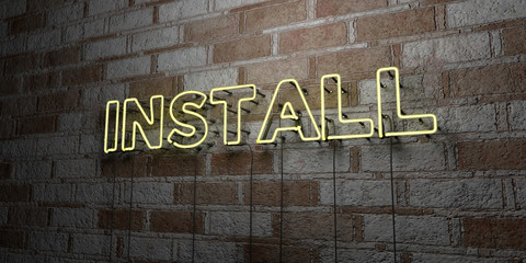 INSTALL - Glowing Neon Sign on stonework wall - 3D rendered royalty free stock illustration.  Can be used for online banner ads and direct mailers..