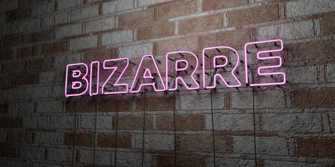 BIZARRE - Glowing Neon Sign on stonework wall - 3D rendered royalty free stock illustration.  Can be used for online banner ads and direct mailers..
