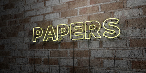 PAPERS - Glowing Neon Sign on stonework wall - 3D rendered royalty free stock illustration.  Can be used for online banner ads and direct mailers..
