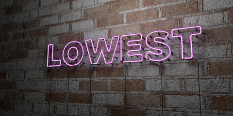 LOWEST - Glowing Neon Sign on stonework wall - 3D rendered royalty free stock illustration.  Can be used for online banner ads and direct mailers..