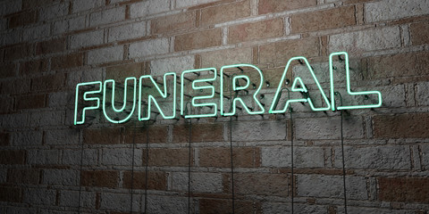 FUNERAL - Glowing Neon Sign on stonework wall - 3D rendered royalty free stock illustration.  Can be used for online banner ads and direct mailers..