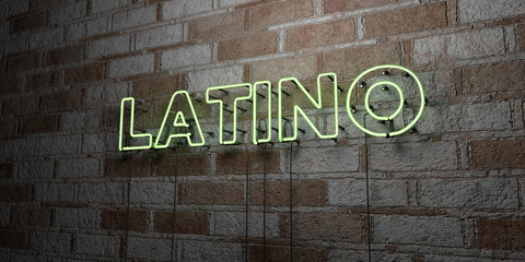 LATINO - Glowing Neon Sign on stonework wall - 3D rendered royalty free stock illustration.  Can be used for online banner ads and direct mailers..