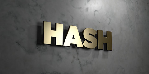 Hash - Gold sign mounted on glossy marble wall  - 3D rendered royalty free stock illustration. This image can be used for an online website banner ad or a print postcard.