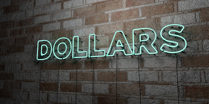 DOLLARS - Glowing Neon Sign on stonework wall - 3D rendered royalty free stock illustration.  Can be used for online banner ads and direct mailers..