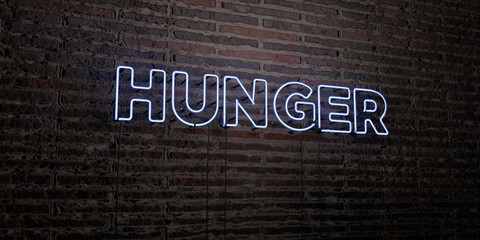 HUNGER -Realistic Neon Sign on Brick Wall background - 3D rendered royalty free stock image. Can be used for online banner ads and direct mailers..