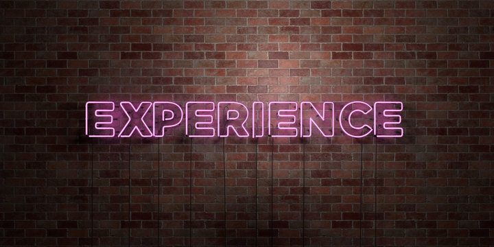 EXPERIENCE - fluorescent Neon tube Sign on brickwork - Front view - 3D rendered royalty free stock picture. Can be used for online banner ads and direct mailers..