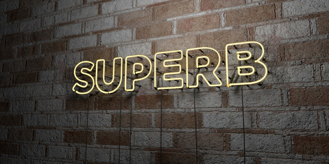 SUPERB - Glowing Neon Sign on stonework wall - 3D rendered royalty free stock illustration.  Can be used for online banner ads and direct mailers..
