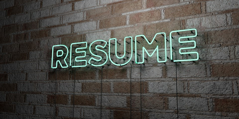 RESUME - Glowing Neon Sign on stonework wall - 3D rendered royalty free stock illustration.  Can be used for online banner ads and direct mailers..