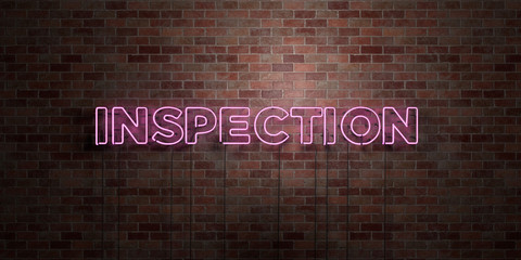 INSPECTION - fluorescent Neon tube Sign on brickwork - Front view - 3D rendered royalty free stock picture. Can be used for online banner ads and direct mailers..