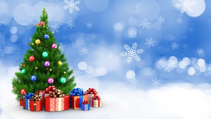 3d illustration of balls decorated Christmas tree over Christmas background with present boxes and