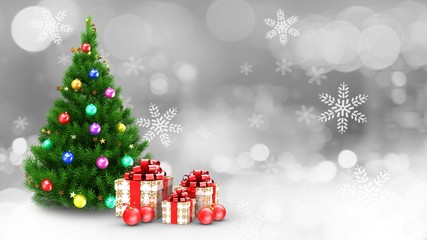 3d illustration of balls decorated Christmas tree over snow background with gifts and