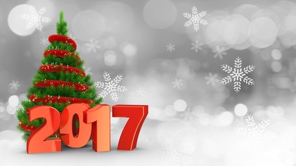 3d illustration of decorated Christmas tree over snow background with red 2017 year sign and