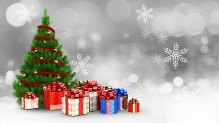 3d illustration of golden balls decorated Christmas tree over snow background with gift boxes and