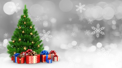 3d illustration of lights and balls decorated Christmas tree over snow background with present boxes and