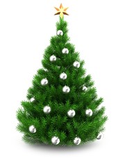 3d illustration of green Christmas tree over white background with golden star and silver balls
