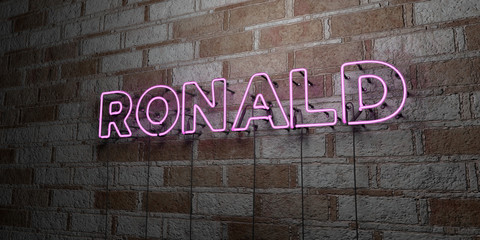 RONALD - Glowing Neon Sign on stonework wall - 3D rendered royalty free stock illustration.  Can be used for online banner ads and direct mailers..