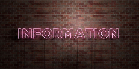 INFORMATION - fluorescent Neon tube Sign on brickwork - Front view - 3D rendered royalty free stock picture. Can be used for online banner ads and direct mailers..