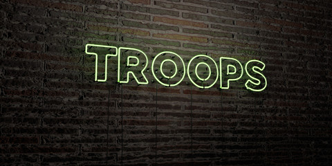 TROOPS -Realistic Neon Sign on Brick Wall background - 3D rendered royalty free stock image. Can be used for online banner ads and direct mailers..