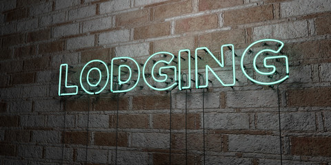 LODGING - Glowing Neon Sign on stonework wall - 3D rendered royalty free stock illustration.  Can be used for online banner ads and direct mailers..